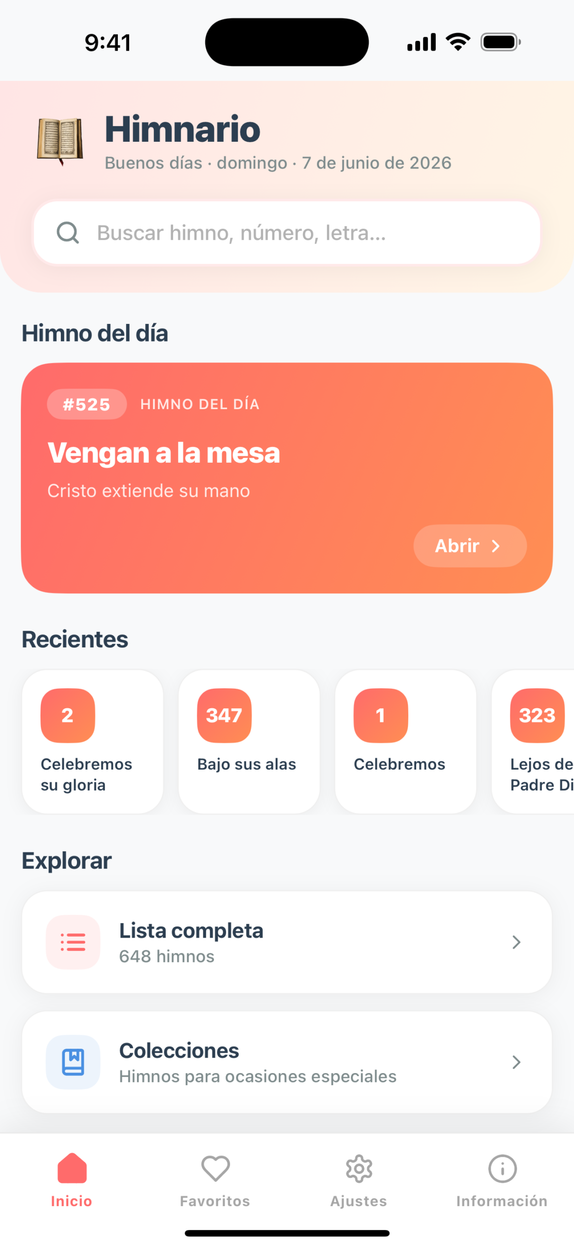 Pantalla de inicio — Himno del día y recientes