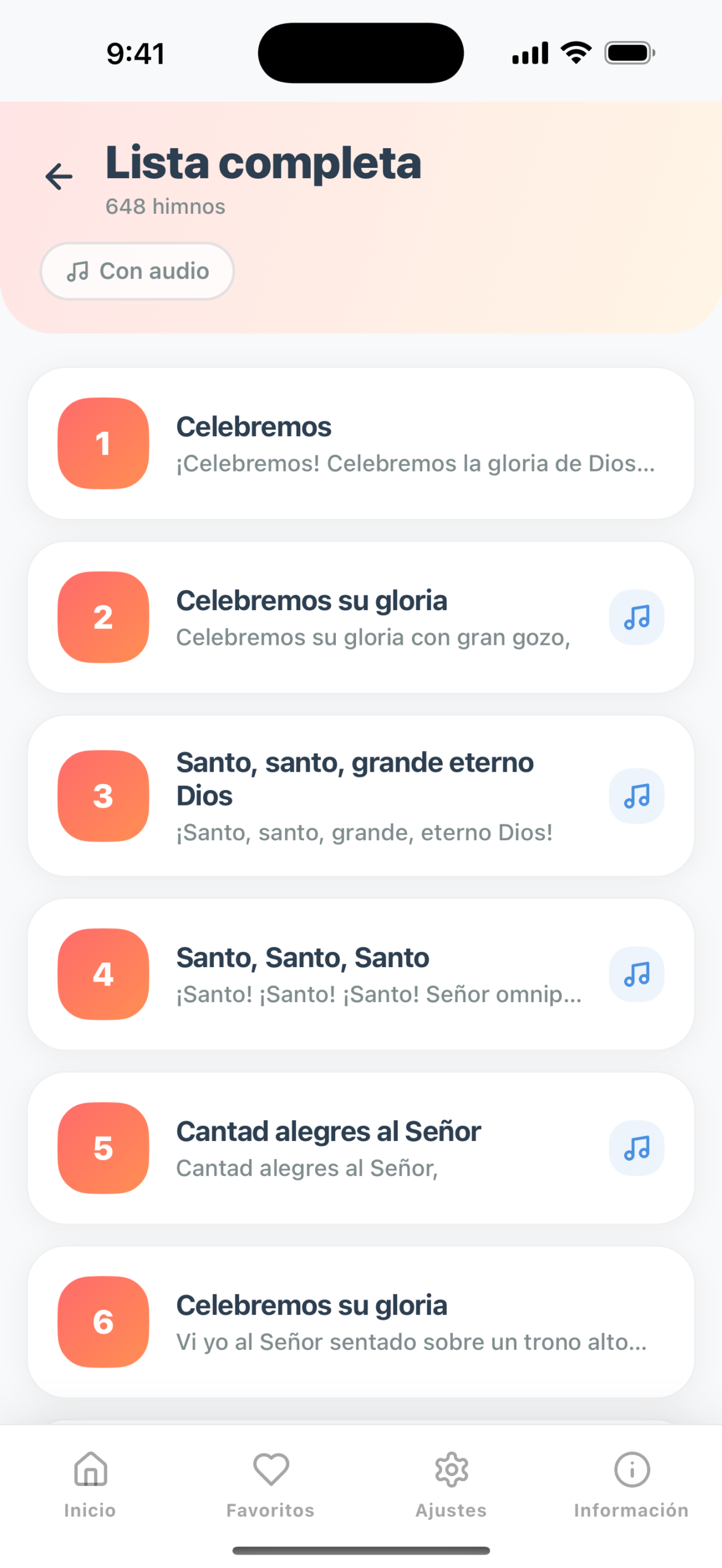 Lista completa de himnos con búsqueda